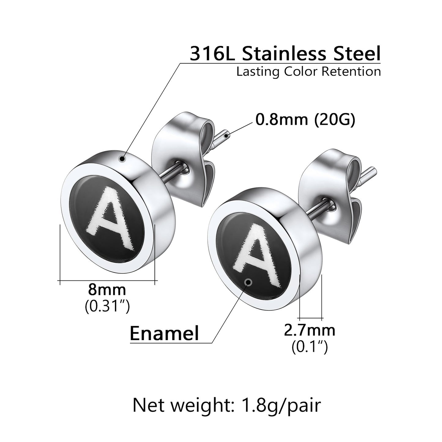 Personalized Black Enamel Initial Letter Stud Earrings for