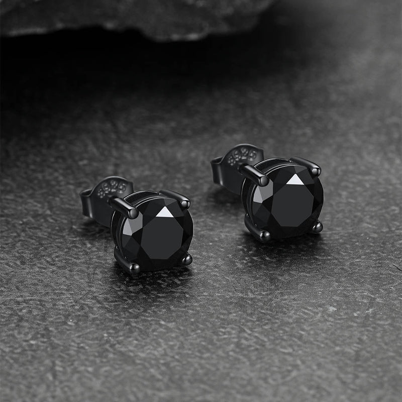 Sterling Silver Round Black Diamond Stud Earrings for