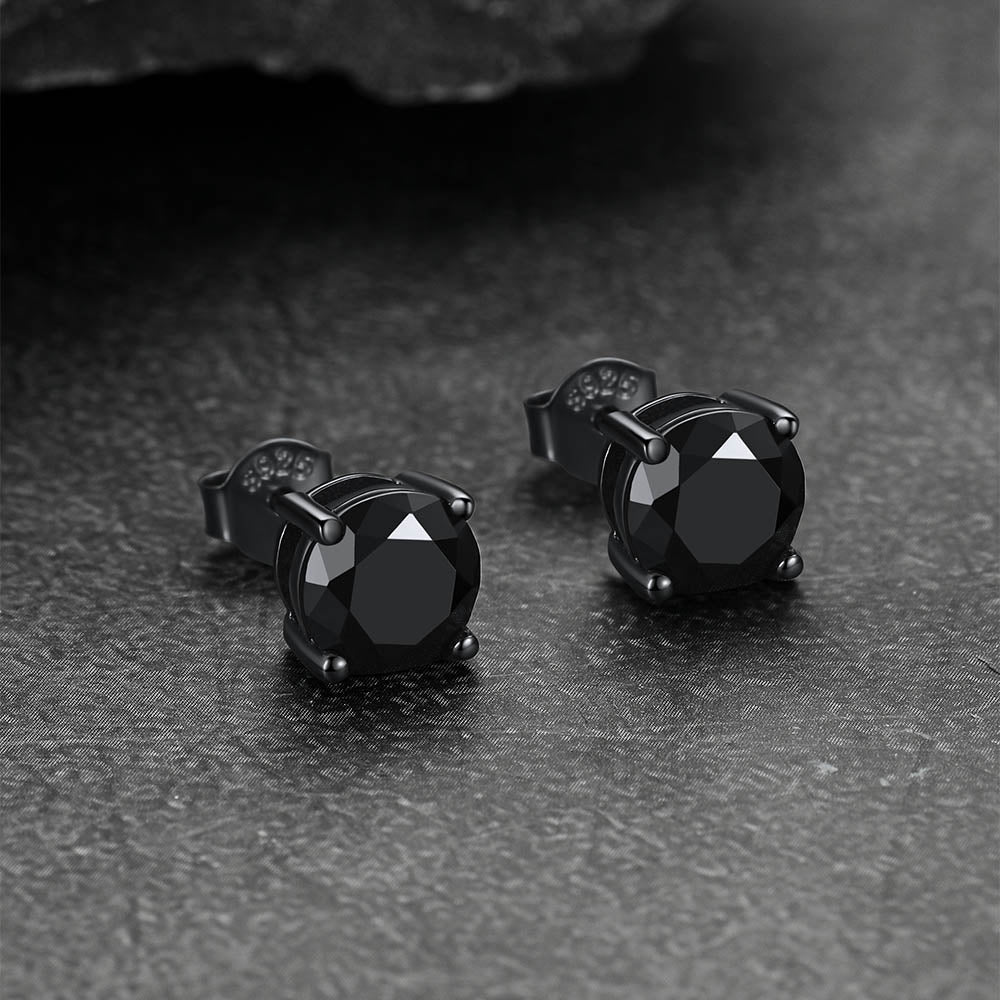 Sterling Silver Round Black Diamond Stud Earrings for