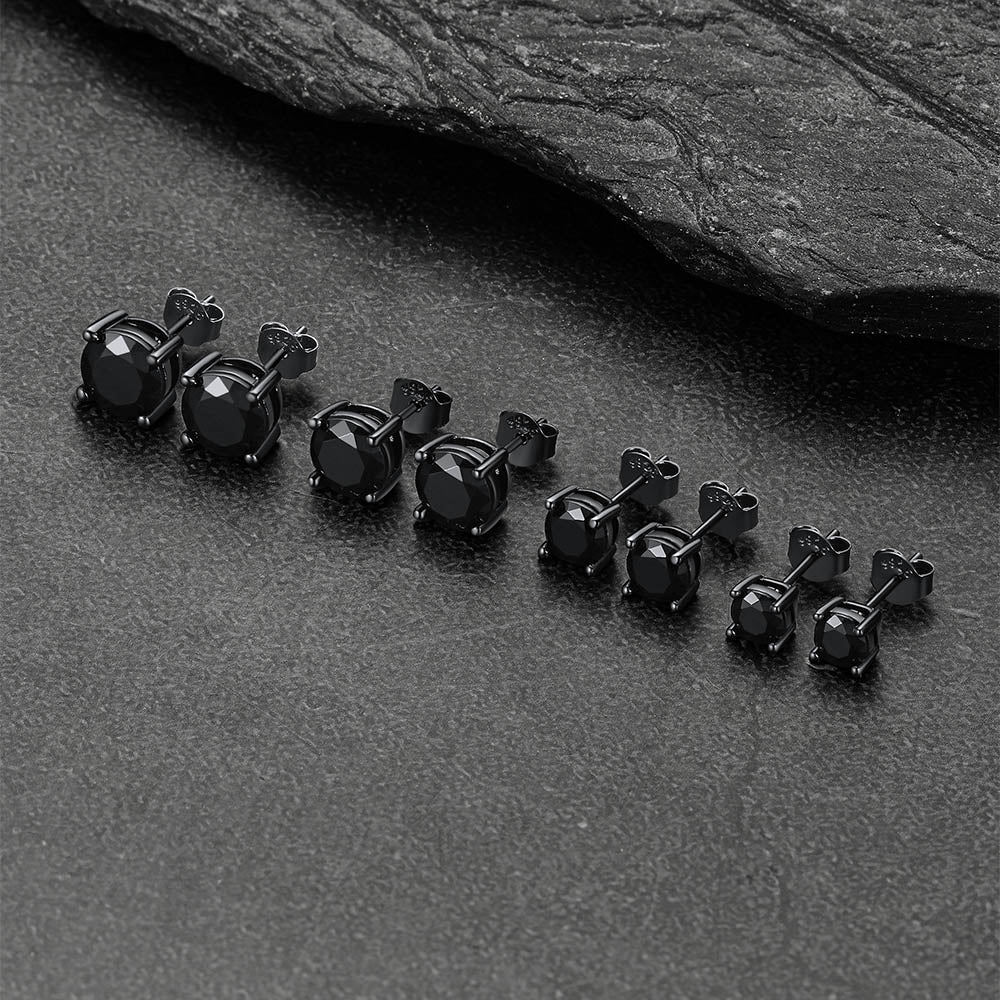 Sterling Silver Round Black Diamond Stud Earrings for