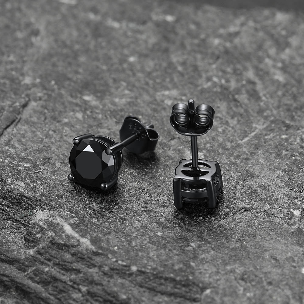 Sterling Silver Round Black Diamond Stud Earrings for