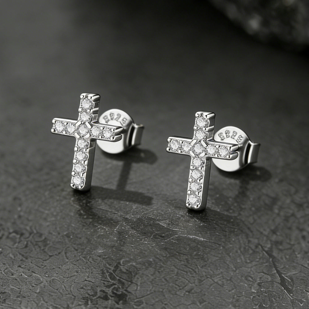 Sterling Silver Cross Stud Earrings for With Cz, Christian Jewelry 10mm
