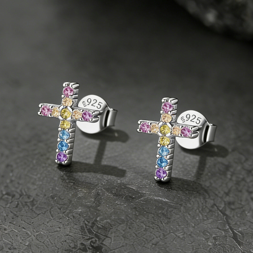 Sterling Silver Cross Stud Earrings for With Cz, Christian Jewelry 10mm