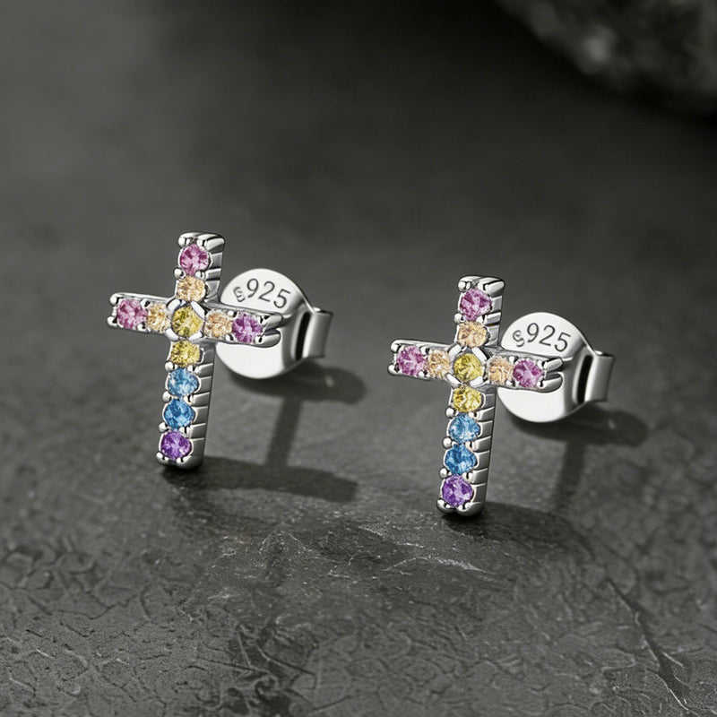 Sterling Silver Cross Stud Earrings for With Cz, Christian Jewelry 10mm