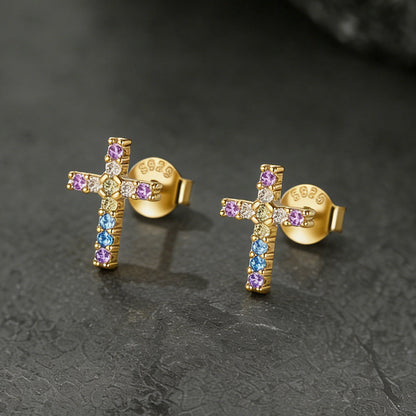 Sterling Silver Cross Stud Earrings for With Cz, Christian Jewelry 10mm