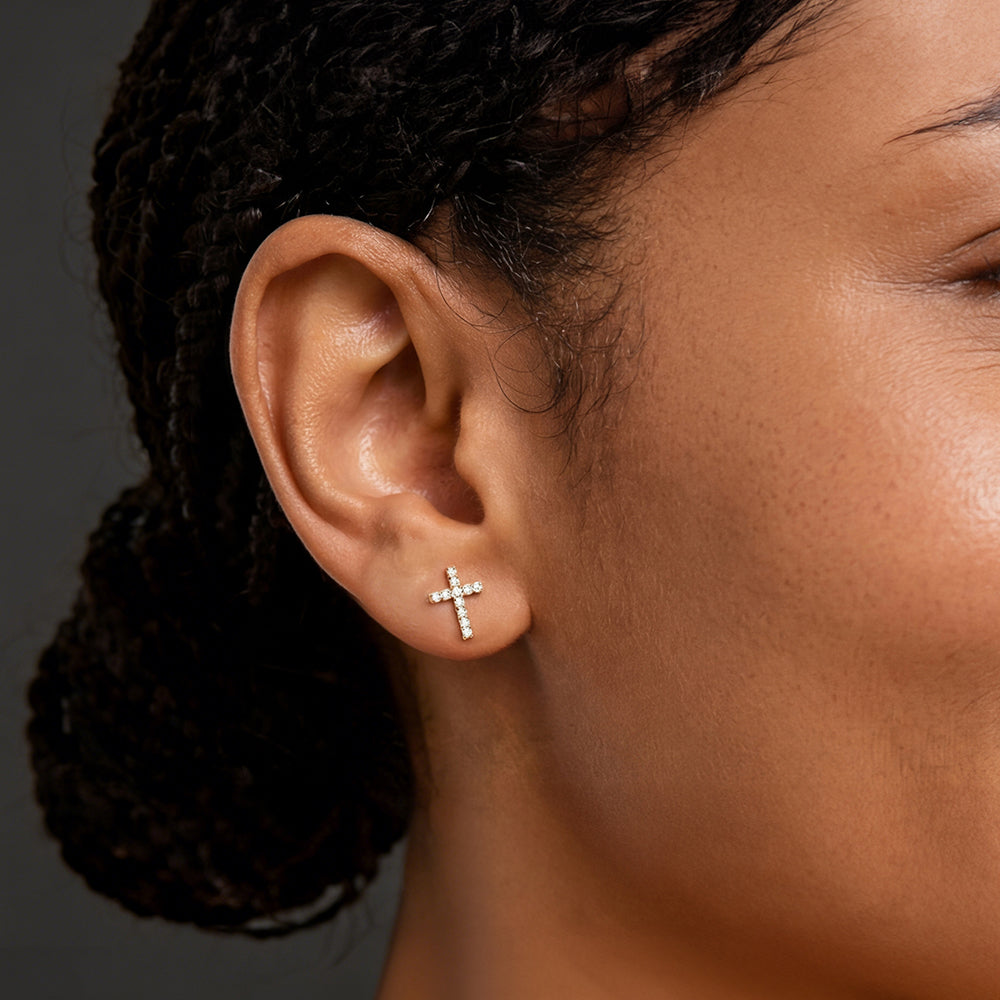 Sterling Silver Cross Stud Earrings for With Cz, Christian Jewelry 10mm