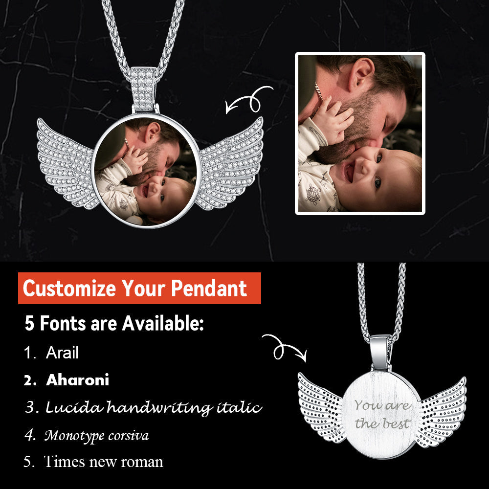 Sterling Silver Customized Memorial Picture Circle Chain Necklace With Angel Wing for