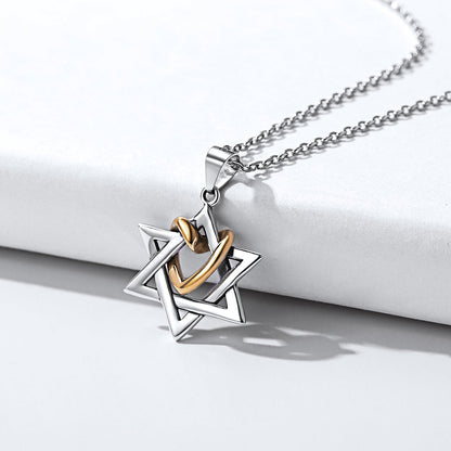 Silver Star of David Pendant With Heart Necklace