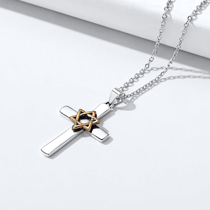 Silver Cross Star of David Pendant Necklace for