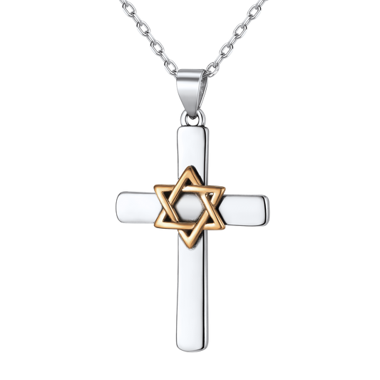 Silver Cross Star of David Pendant Necklace for