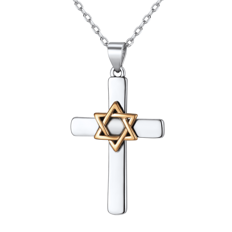 Silver Cross Star of David Pendant Necklace for