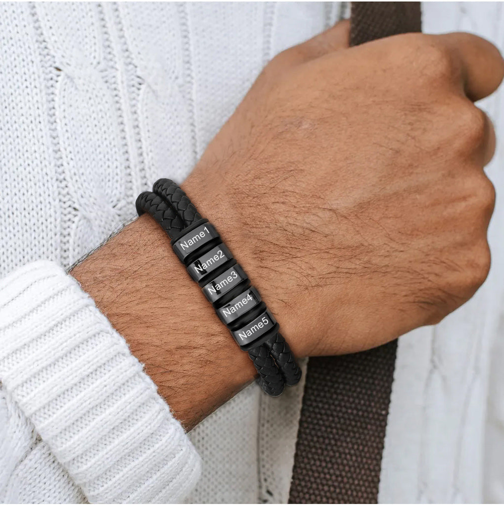Personalized Braided Leather Bracelet With Engraved Name Beaded for