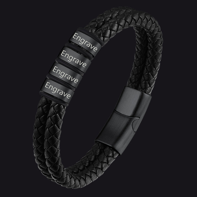 Personalized Braided Leather Bracelet With Engraved Name Beaded for