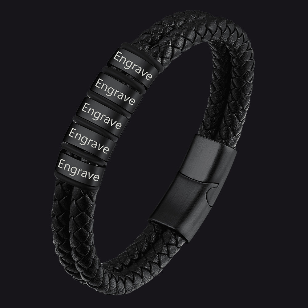 Personalized Braided Leather Bracelet With Engraved Name Beaded for