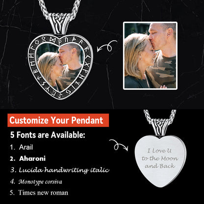 Custom Engraved Photo Heart Necklace With Viking Rune Memorial Gift