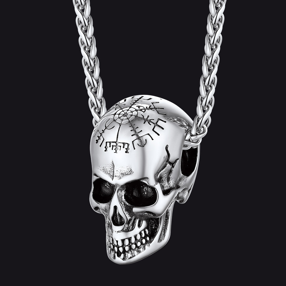 Nordic Viking Compass Skull Pendant Necklace for