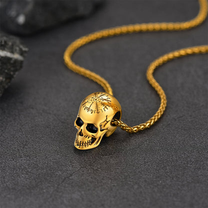 Nordic Viking Compass Skull Pendant Necklace for
