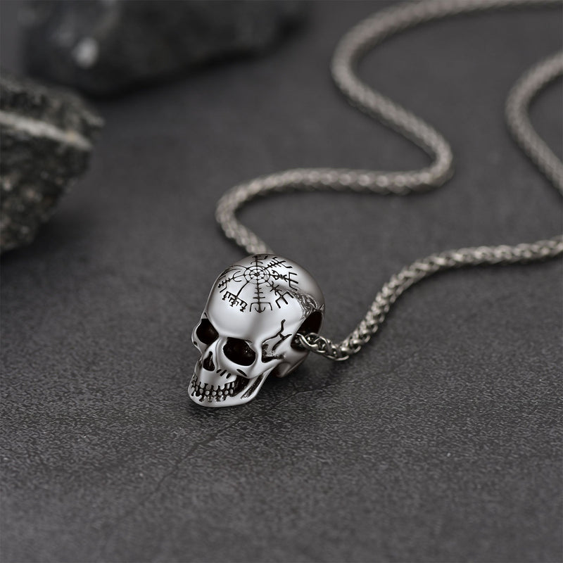 Nordic Viking Compass Skull Pendant Necklace for