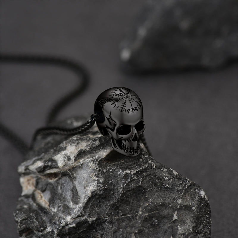 Nordic Viking Compass Skull Pendant Necklace for