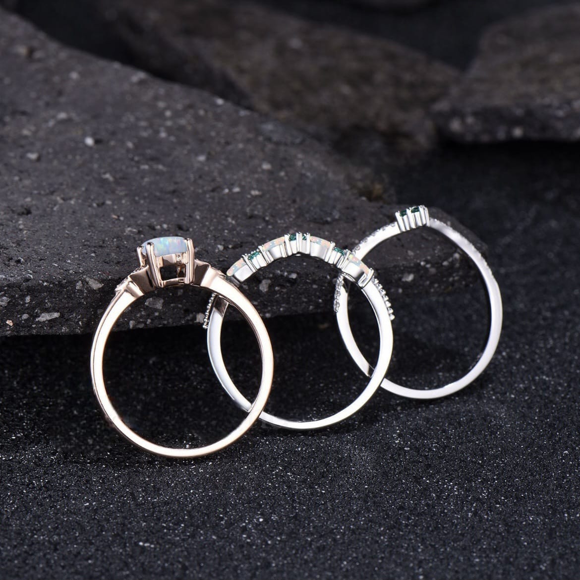 Divine Goddess Opal Triquetra Ring Set