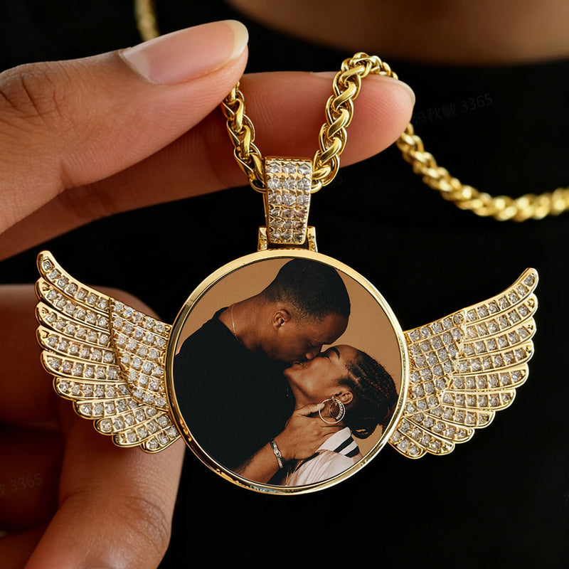 Customized Picture Circle Chain Necklace With Angel Wing Memorial Gift for