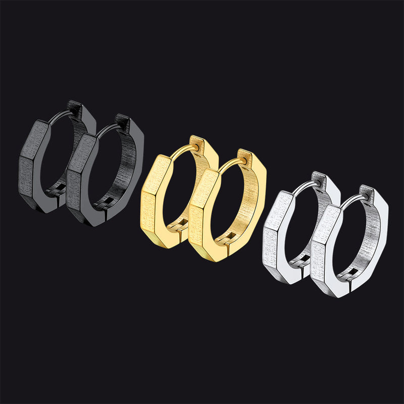 Punk Octagon Piercing Huggie Hoop Earrings Set for 3 Pairs