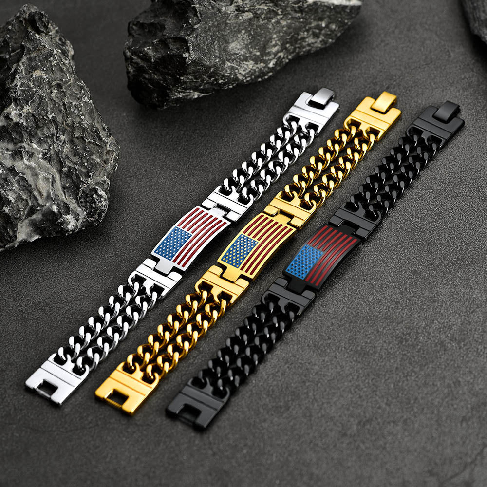 Usa American Flag Cuban Link Chain Bracelet for 8mm Width