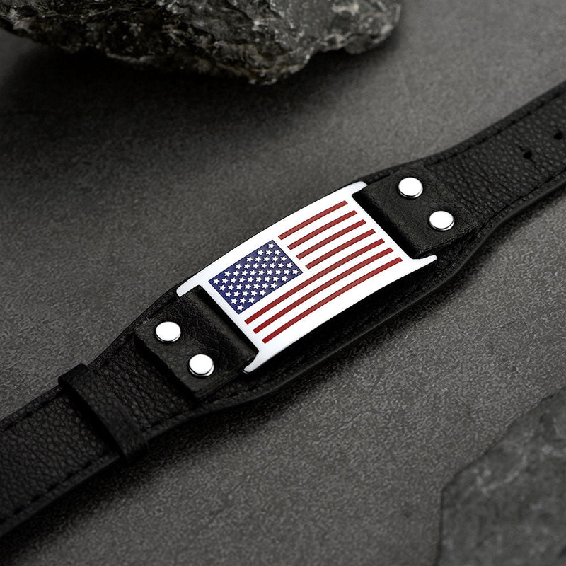 Black American Flag Leather Bracelet Wristband for