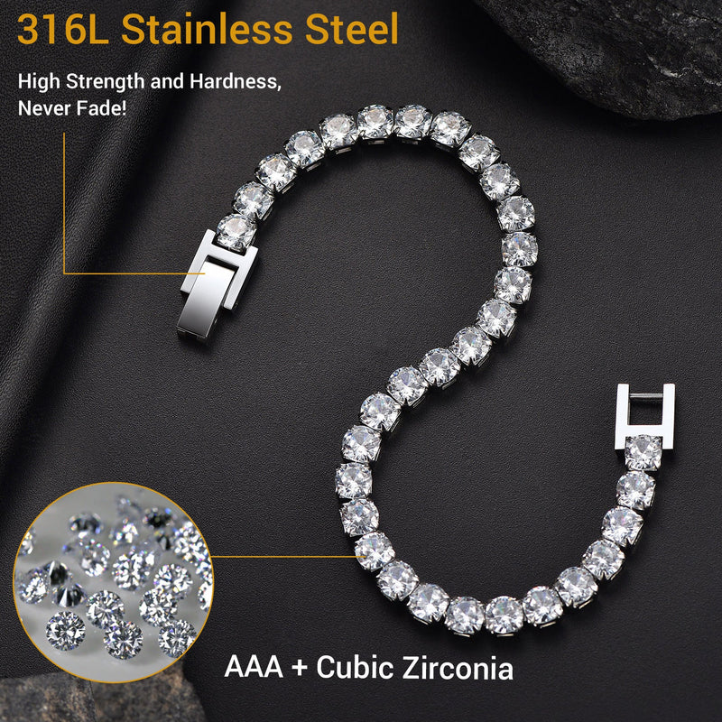 Cz Diamond Cut Tennis Chain Bracelet for , 3/5mm Width