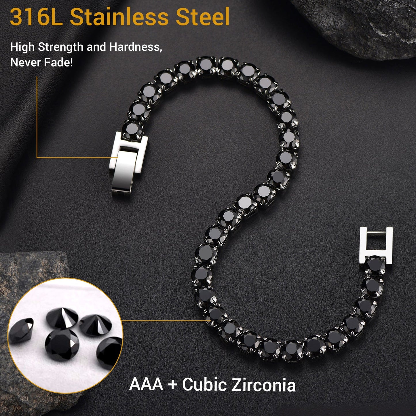 Cz Black Diamond Cut Tennis Chain Bracelet for , 3/5mm Width