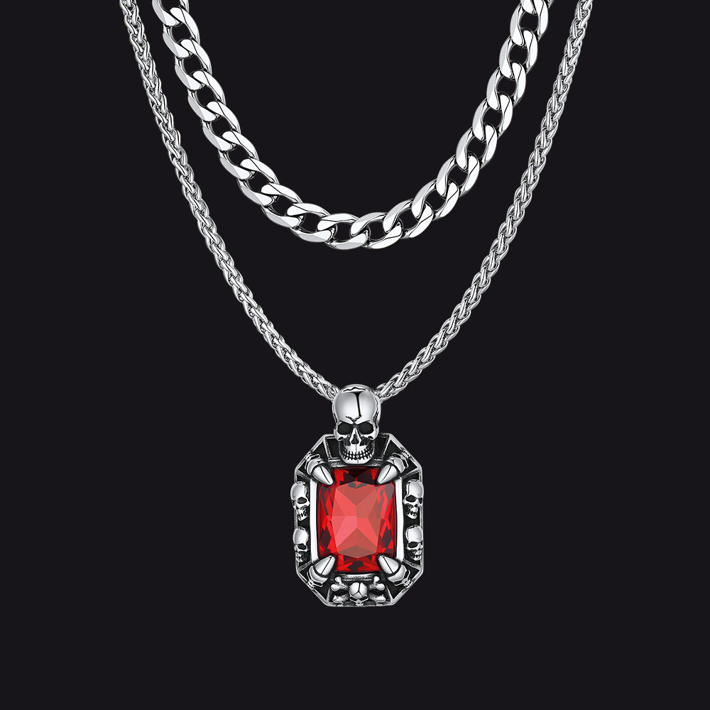 Cuban Curb Chain & Skull Crystal Layered Necklaces Set for