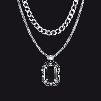 Cuban Curb Chain & Skull Crystal Layered Necklaces Set for