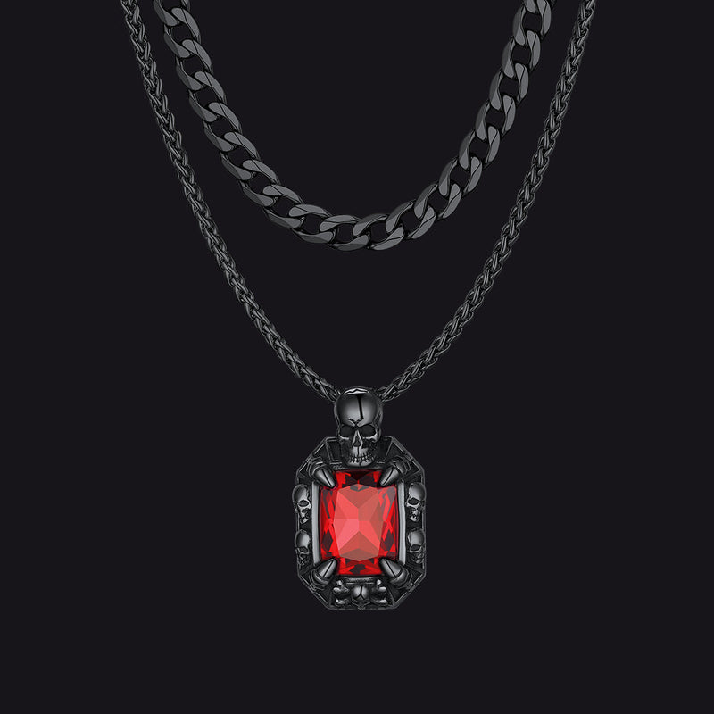 Cuban Curb Chain & Skull Crystal Layered Necklaces Set for