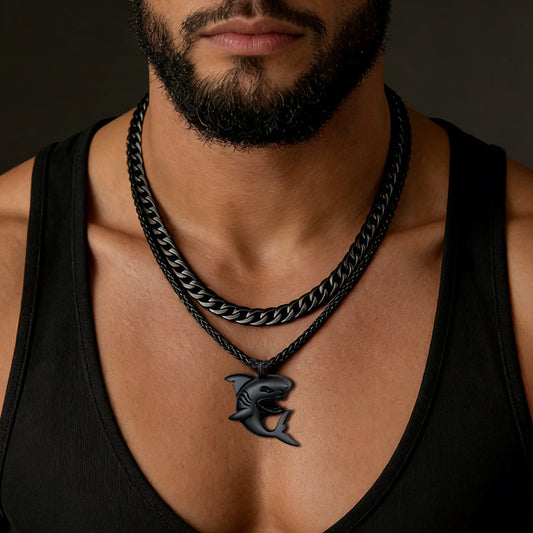 Cuban Chain & Punk Shark Necklace Set for
