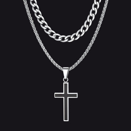 Cuban Curb Chain & Enamel Cross Layered Necklaces Set for