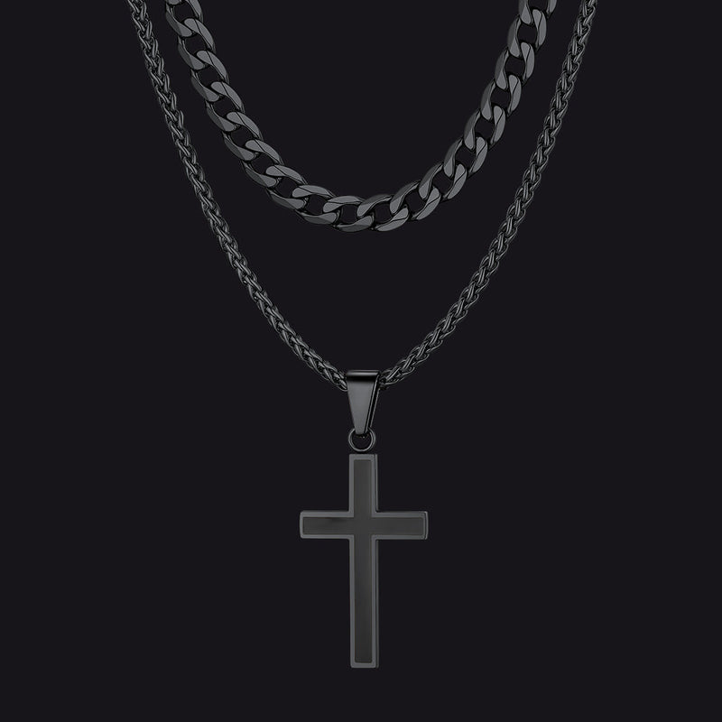 Cuban Curb Chain & Enamel Cross Layered Necklaces Set for