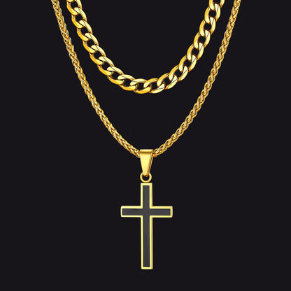 Cuban Curb Chain & Enamel Cross Layered Necklaces Set for