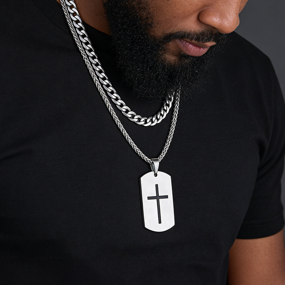 Cuban Chain & Joshua 1:9 Dog Tag Necklace Set for