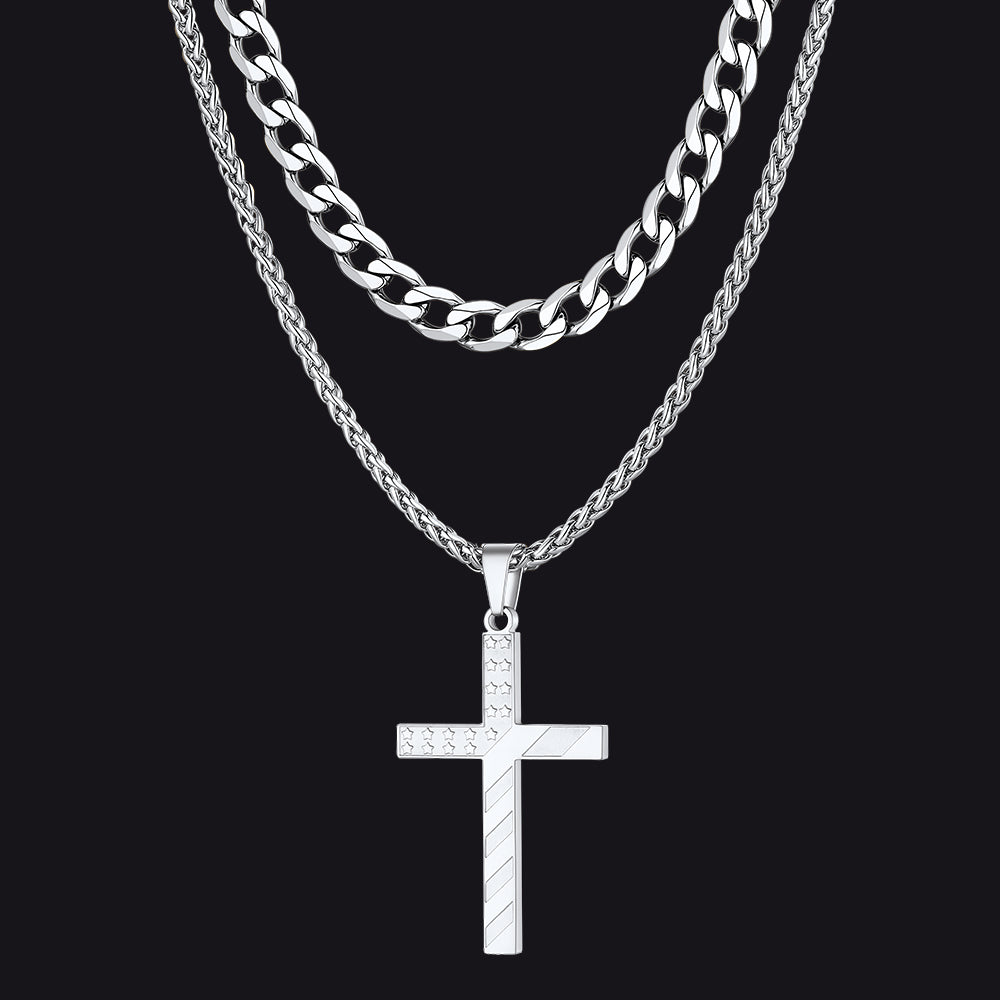 Cuban Chain & American Flag Cross Layered Necklaces Set for