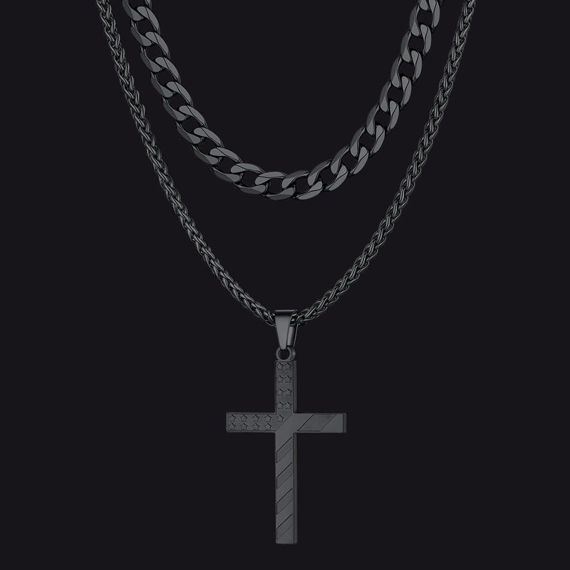 Cuban Chain & American Flag Cross Layered Necklaces Set for