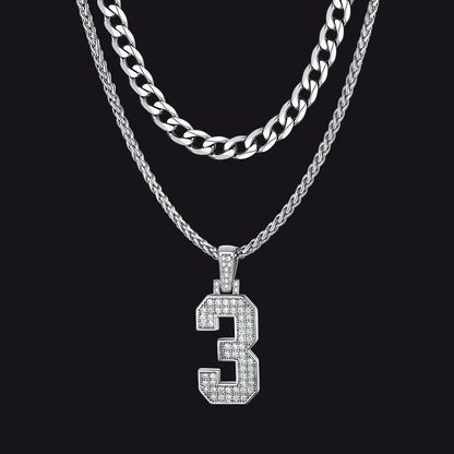 Cuban Chain & Baseball Jersey Number Layered Necklaces Set for