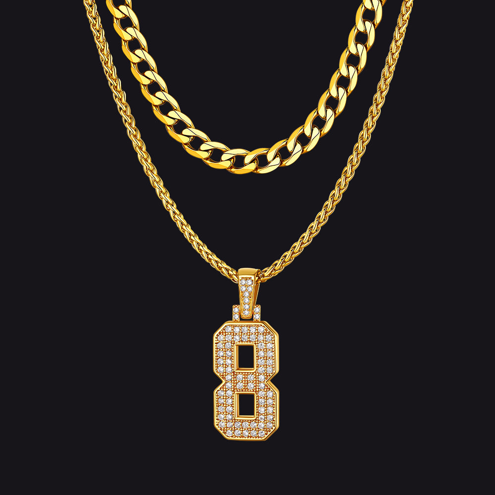Cuban Chain & Baseball Jersey Number Layered Necklaces Set for