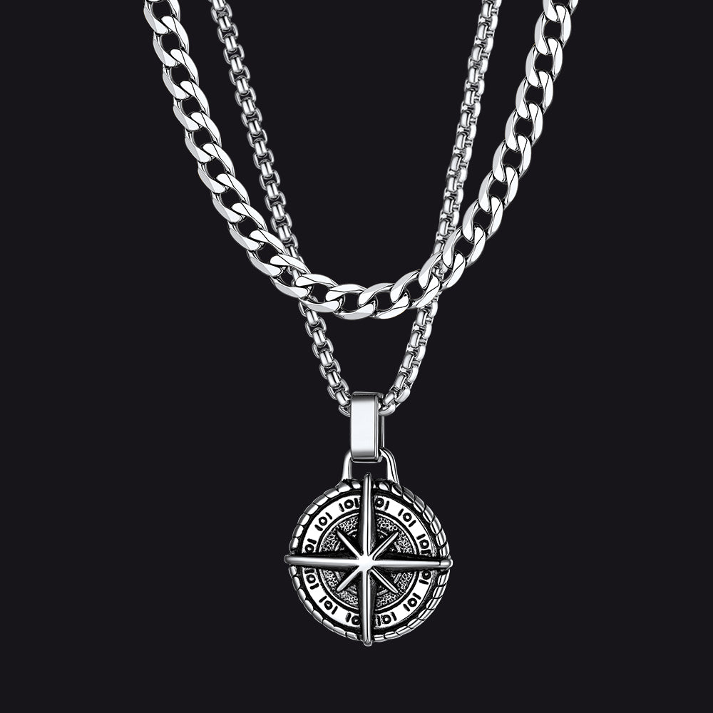Curb Chain & Polaris Compass Pendant Layered Necklaces Set for