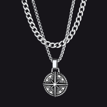 Curb Chain & Polaris Compass Pendant Layered Necklaces Set for