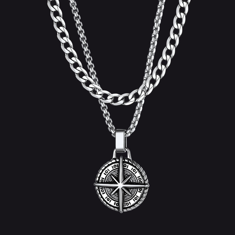 Curb Chain & Polaris Compass Pendant Layered Necklaces Set for