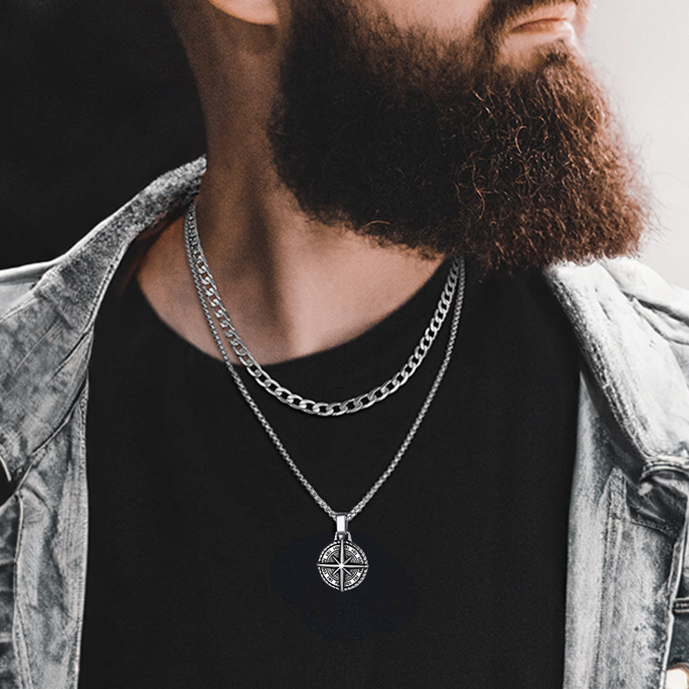 Curb Chain & Polaris Compass Pendant Layered Necklaces Set for