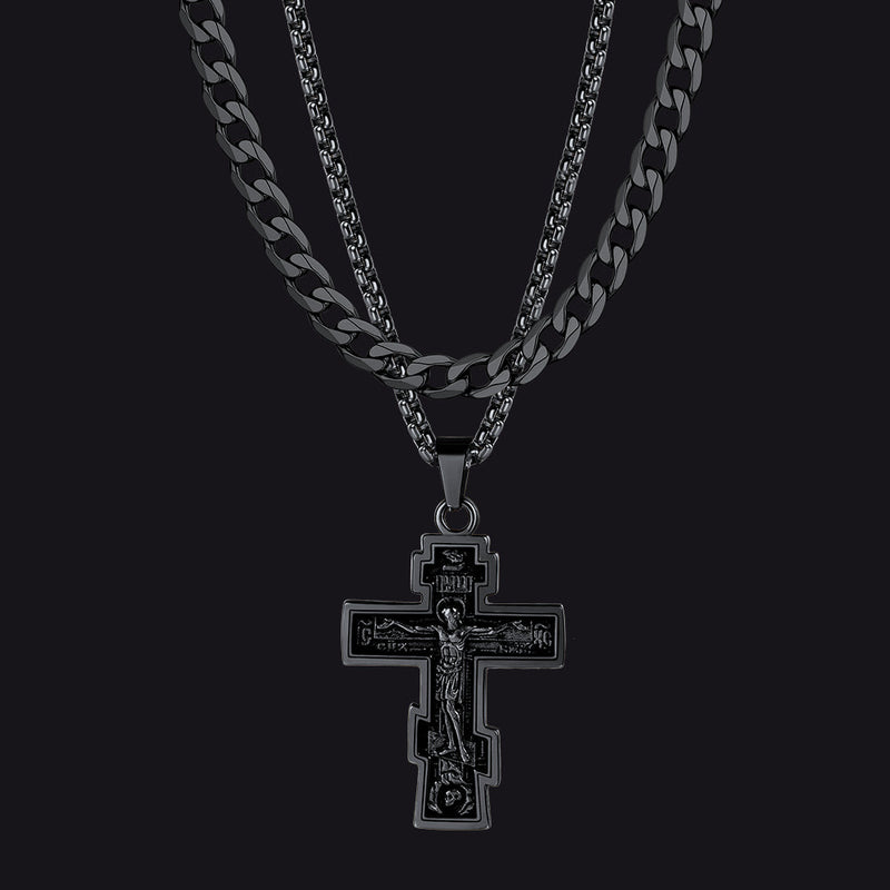 Cuban Chain & Russian Orthodox Cross Pendant Necklace Set for Father