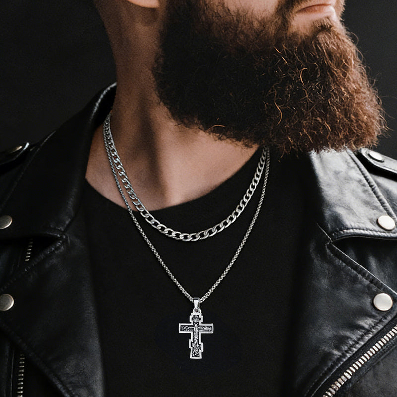 Cuban Chain & Russian Orthodox Cross Pendant Necklace Set for Father