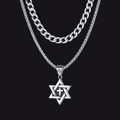 Curb Chain & Star of David With Cross Layered Necklaces Set for