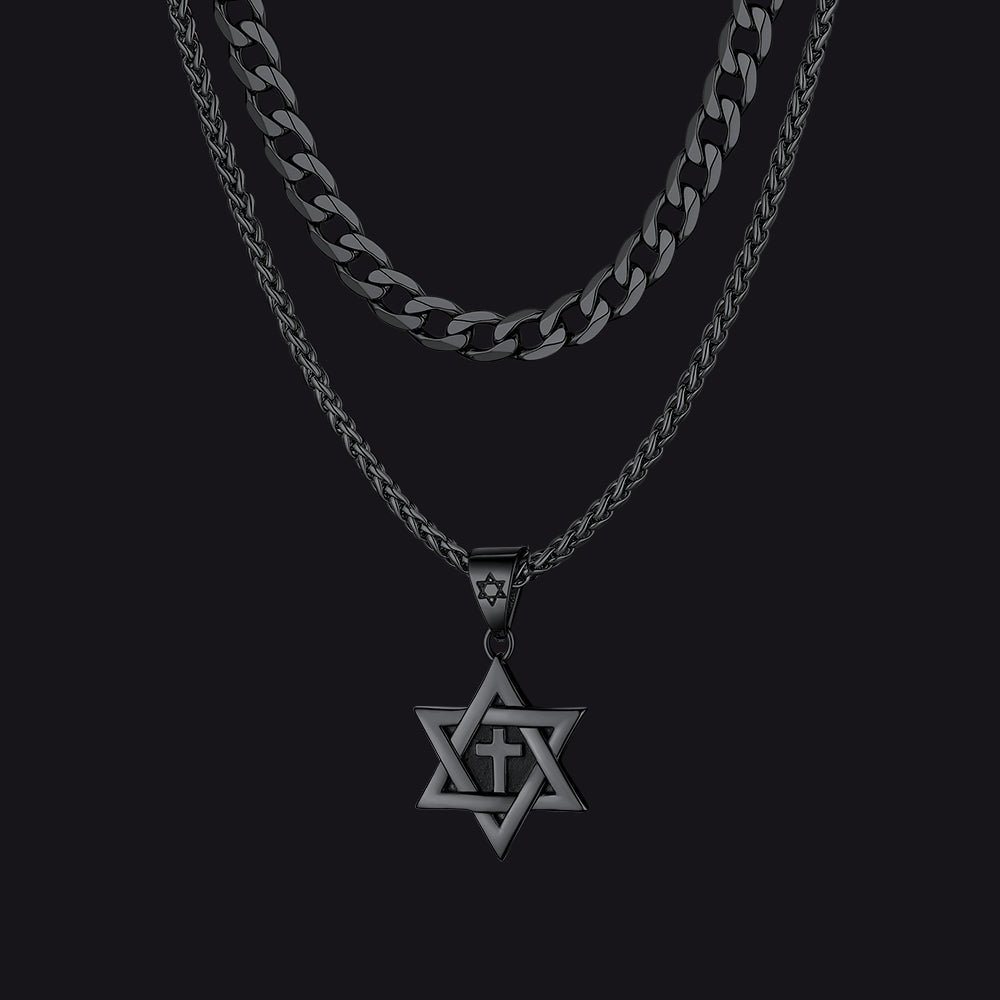 Curb Chain & Star of David With Cross Layered Necklaces Set for